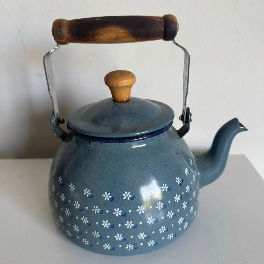 Vintage Himark Enamel Kettle Blue Floral Country Kitchen Teapot Made in Japan